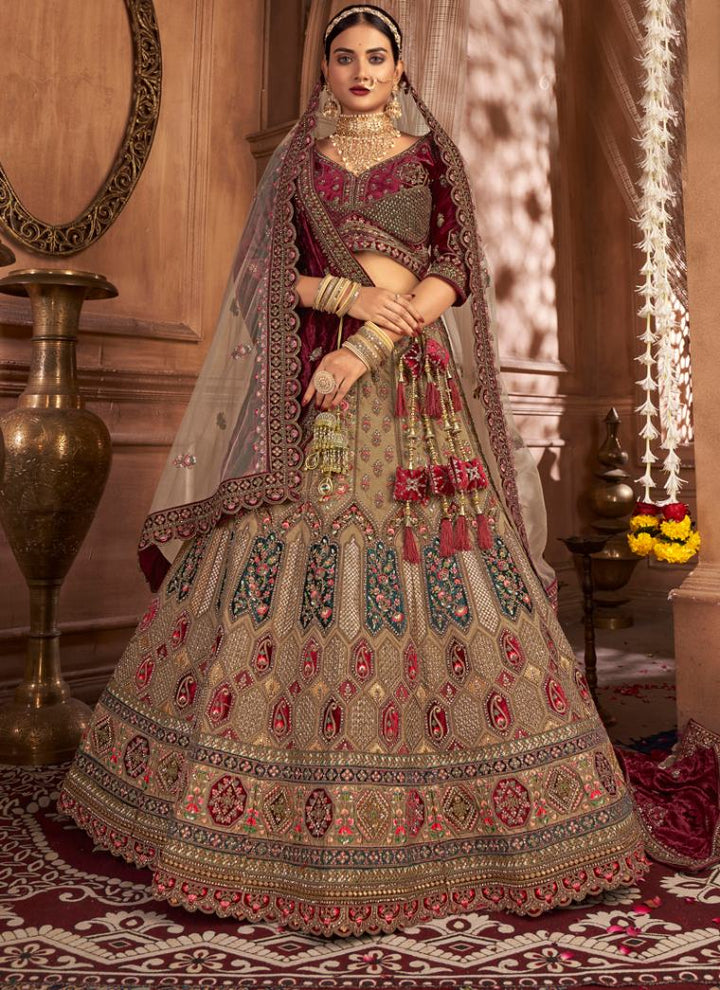 Maroon Opulent Velvet Bridal Lehenga Set with Double Dupatta