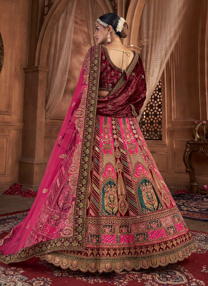 Maroon and Pink Exquisite Velvet Bridal Lehenga with Double Dupatta