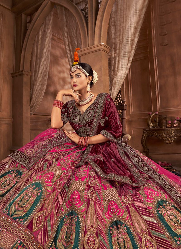 Maroon and Pink Exquisite Velvet Bridal Lehenga with Double Dupatta