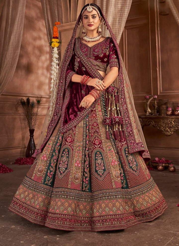 Maroon Regal Velvet Bridal Lehenga with Zarkan Details