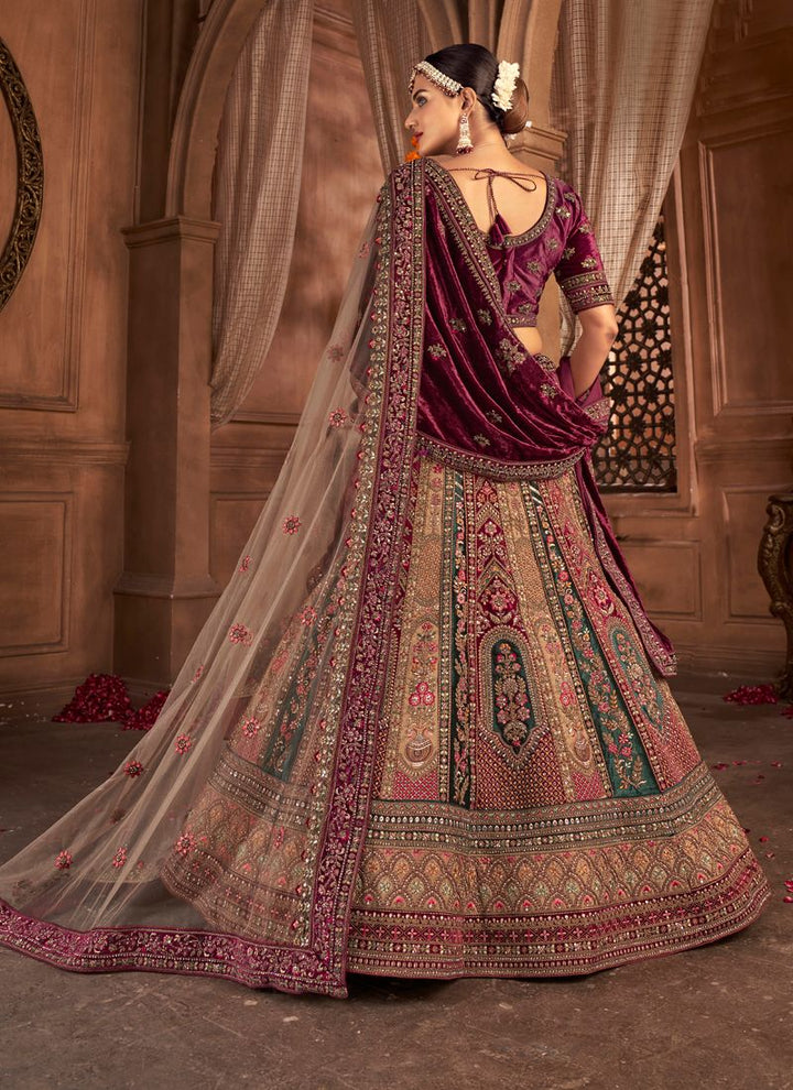 Maroon Regal Velvet Bridal Lehenga with Zarkan Details