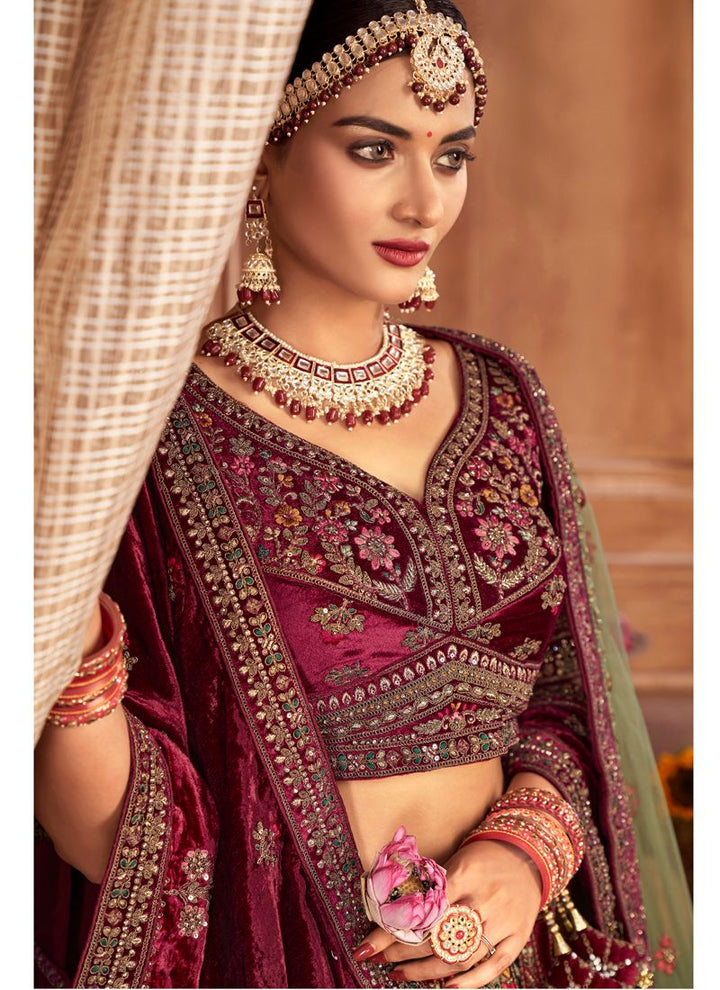 Maroon Regal Velvet Bridal Lehenga with Zarkan Details