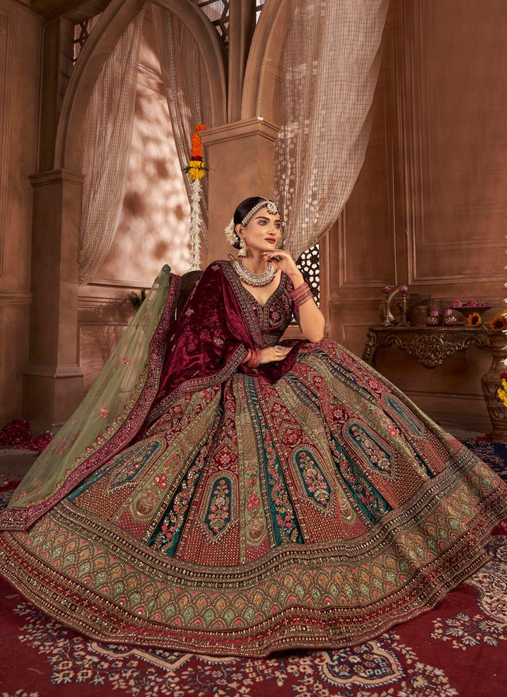 Green and Brown Regal Velvet Bridal Lehenga with Zarkan Details