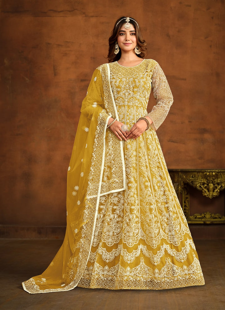 Yellow Elegant Anarkali Dress Set in NET Fabric