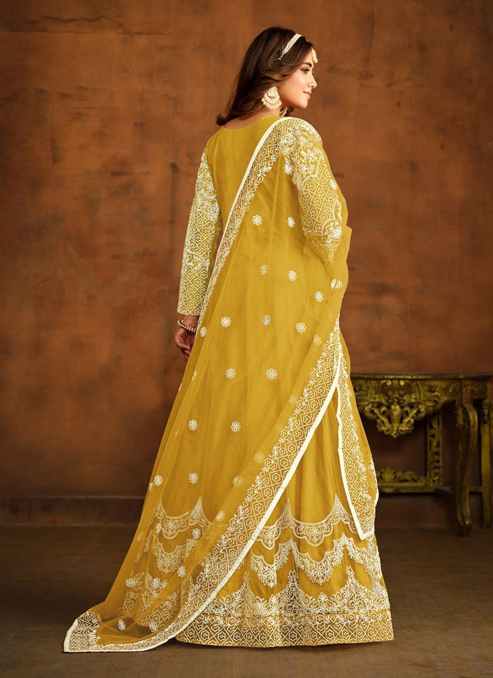 Yellow Elegant Anarkali Dress Set in NET Fabric