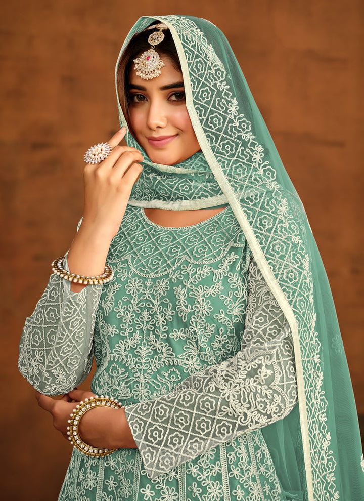 Sea green Elegant Anarkali Dress Set in NET Fabric