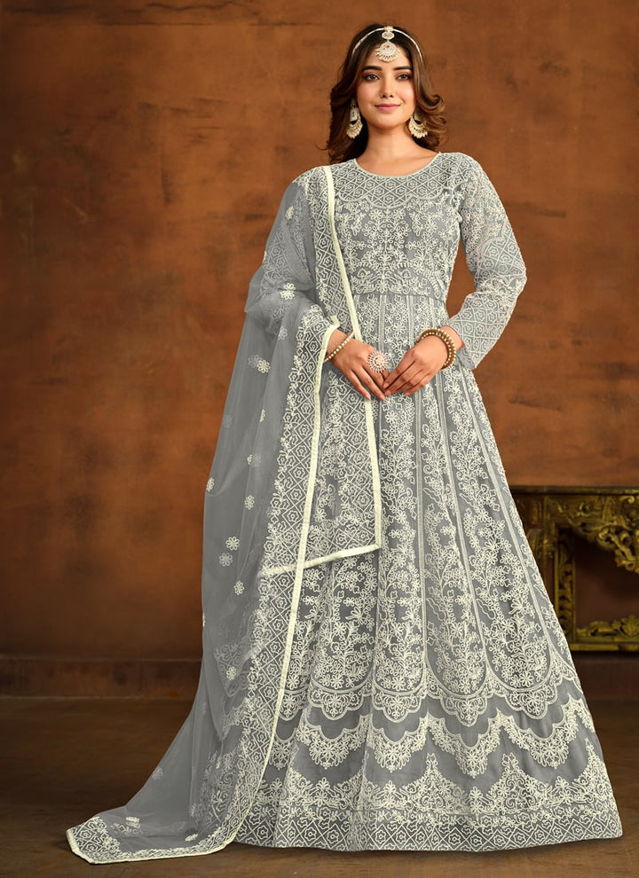 Grey Elegant Anarkali Dress Set in NET Fabric