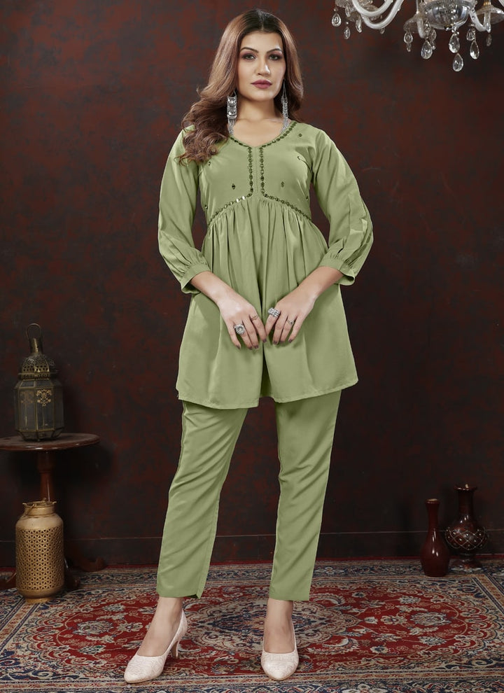 Pista Green Designer Co-ord Set with Handwork