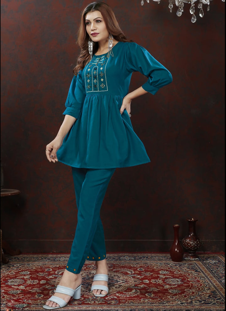 Teal Blue Designer Co-ord Set with Handwork