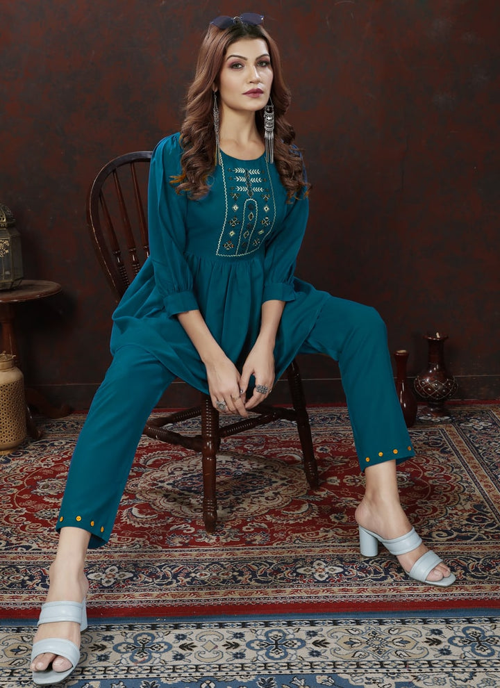 Teal Blue Designer Co-ord Set with Handwork