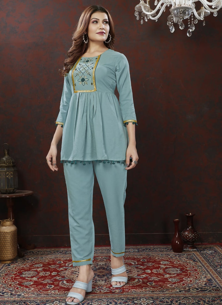 Dusty Blue Designer Co-ord Set with Handwork