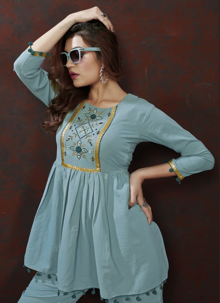 Dusty Blue Designer Co-ord Set with Handwork