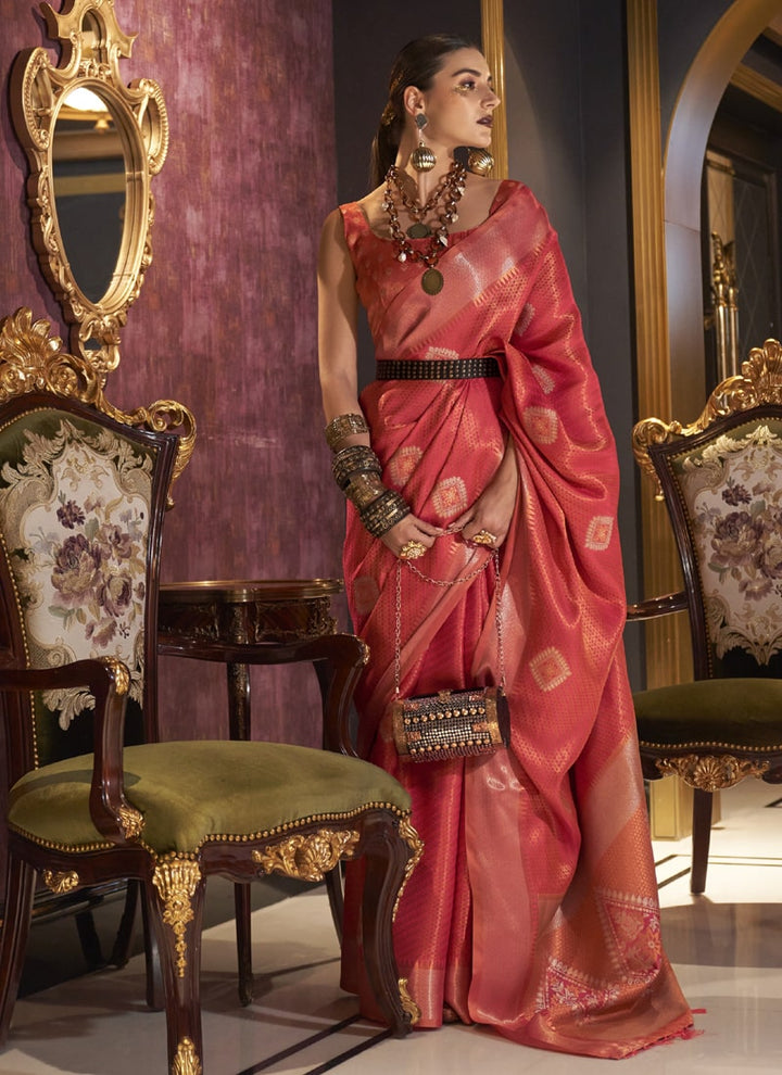 Raspberry Red Zari Base Handloom Silk Saree with Matching Blouse