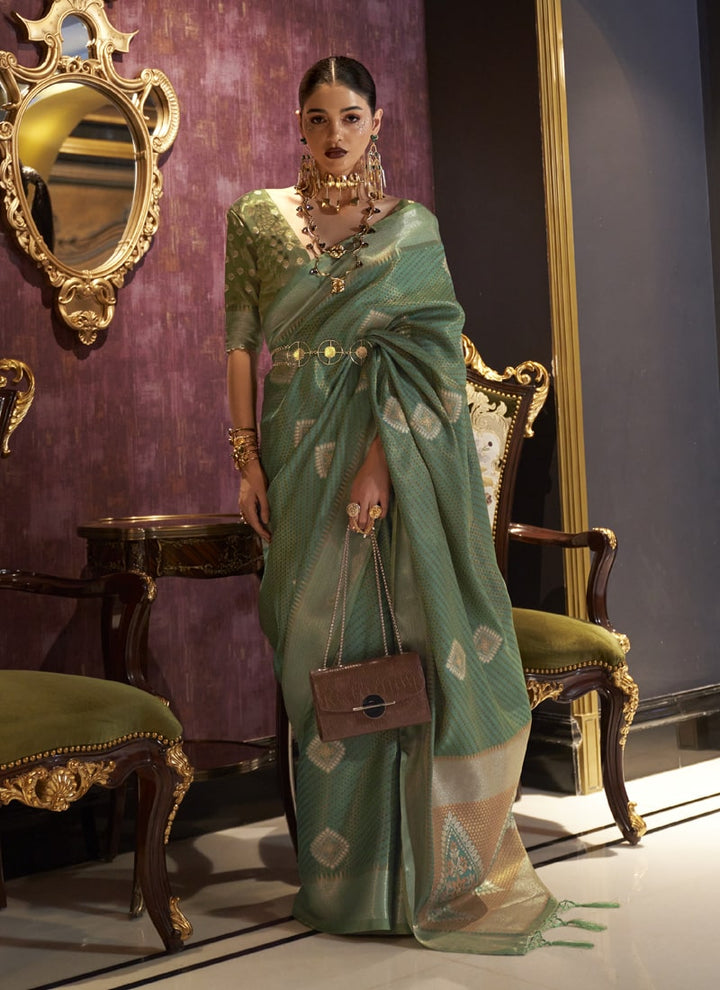 Sage Green Zari Base Handloom Silk Saree with Matching Blouse