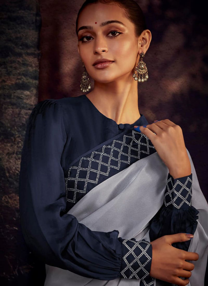 lassya fashion's Flint Grey Color Elegant Designer Silk Saree with Intricate Work