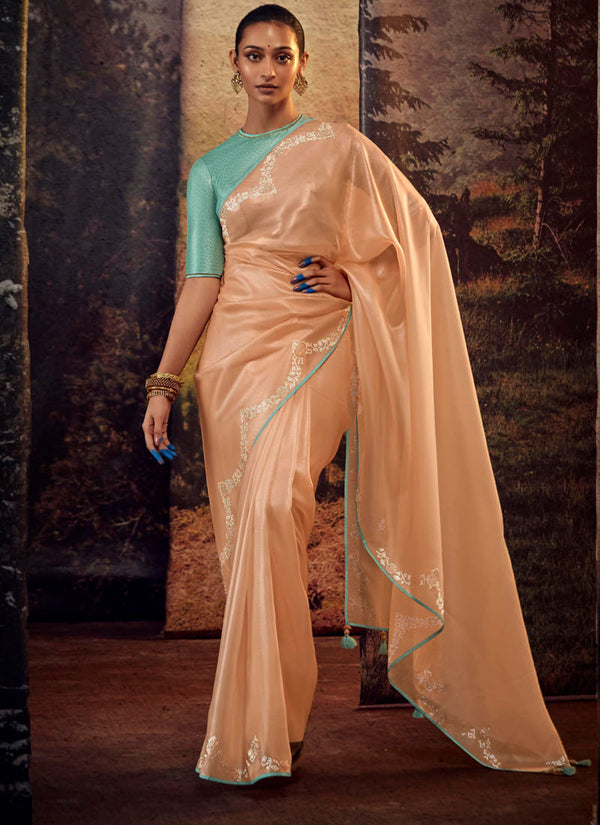 lassya fashion's Orange Peach Color Elegant Designer Silk Saree with Intricate Work