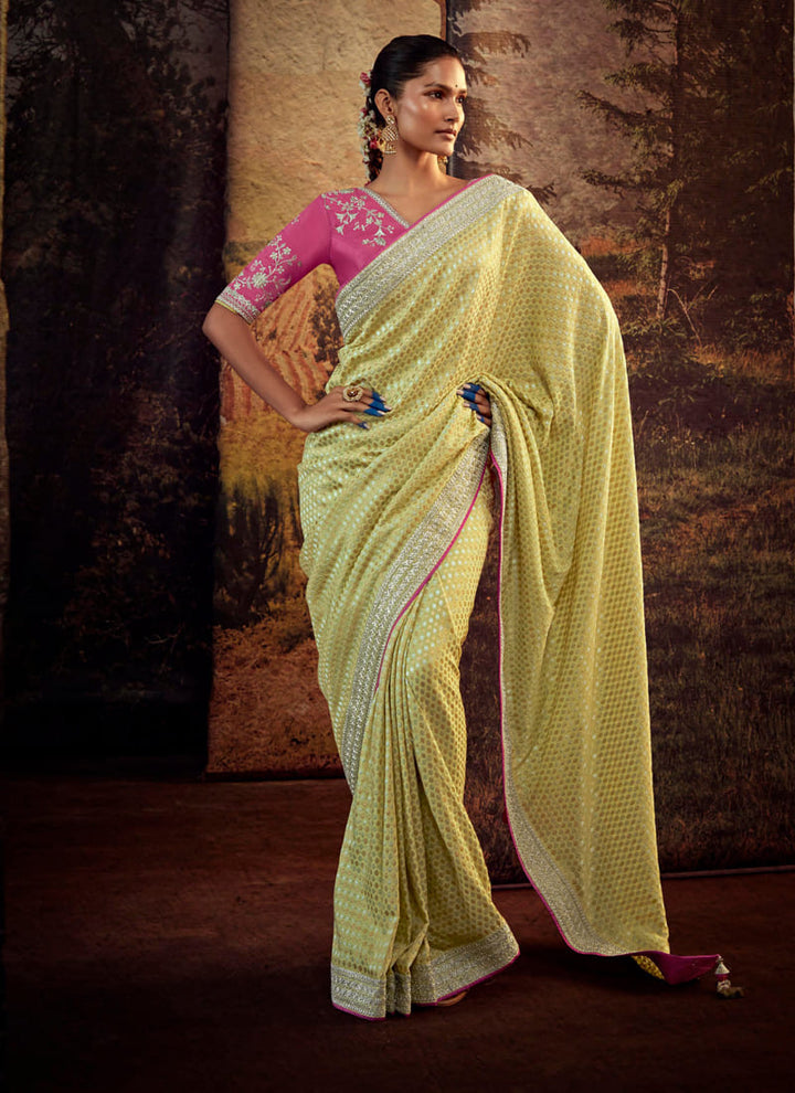 lassya fashion's Lime Yellow Color Elegant Designer Silk Saree with Intricate Work
