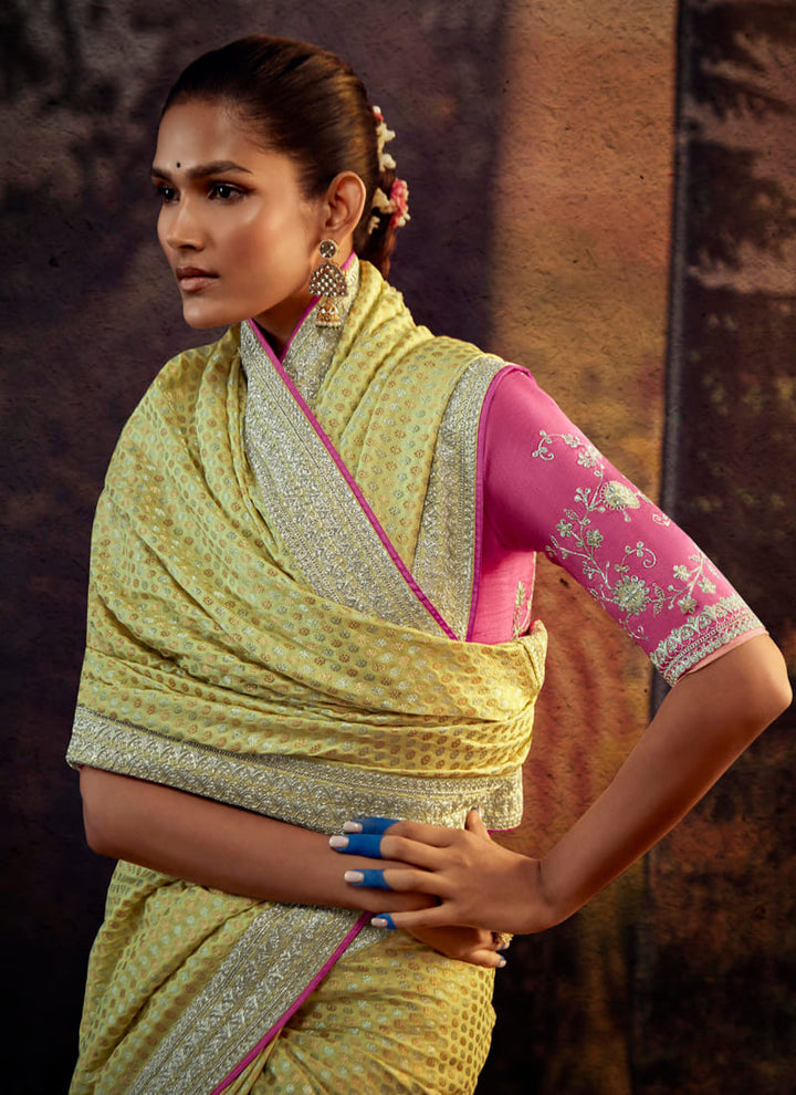 lassya fashion's Lime Yellow Color Elegant Designer Silk Saree with Intricate Work