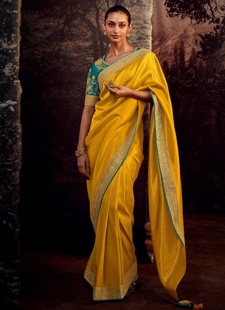 lassya fashion's Marigold Yellow Color Elegant Designer Silk Saree with Intricate Work