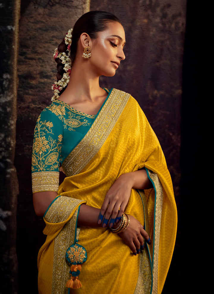 lassya fashion's Marigold Yellow Color Elegant Designer Silk Saree with Intricate Work