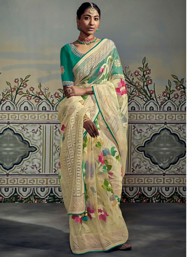 Yellow Printed Organza Saree with Barasso Detailing and Silk Blouse