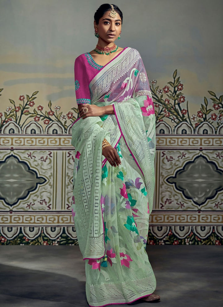 Sea Green Printed Organza Saree with Barasso Detailing and Silk Blouse