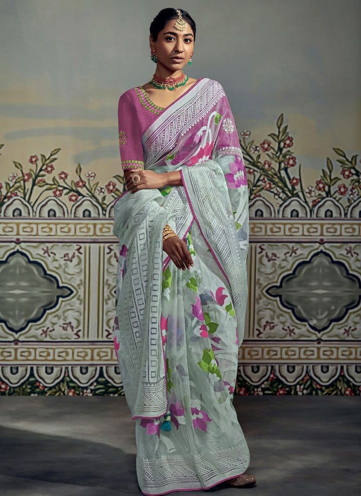 Sea Blue Printed Organza Saree with Barasso Detailing and Silk Blouse