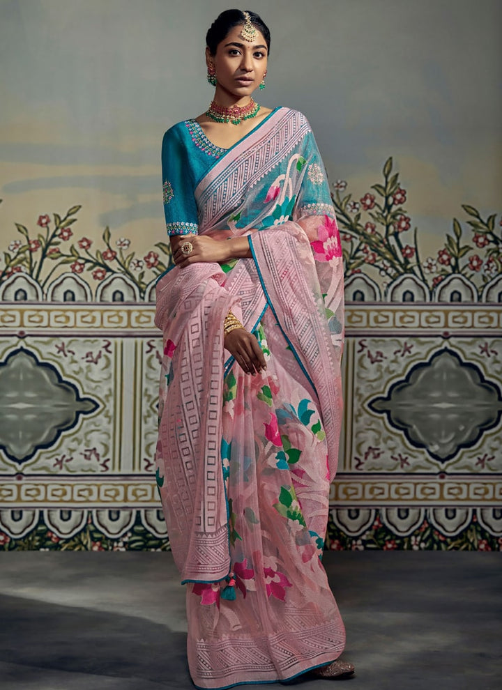 Pink Printed Organza Saree with Barasso Detailing and Silk Blouse