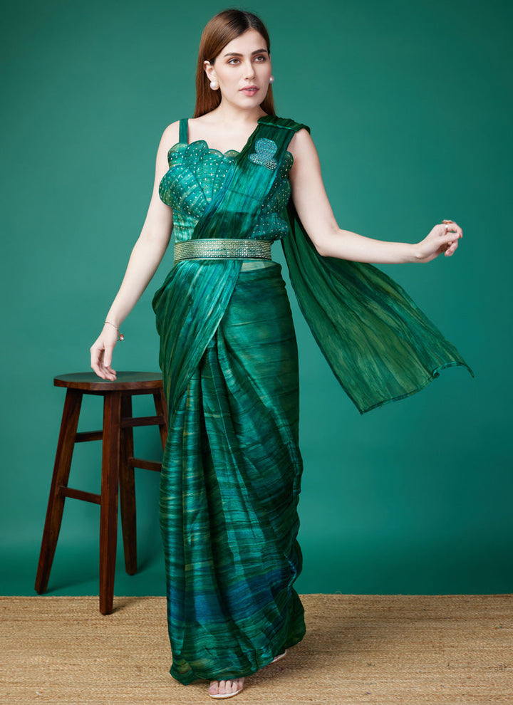 Dark Green Designer Organza Saree with Embroidered Blouse