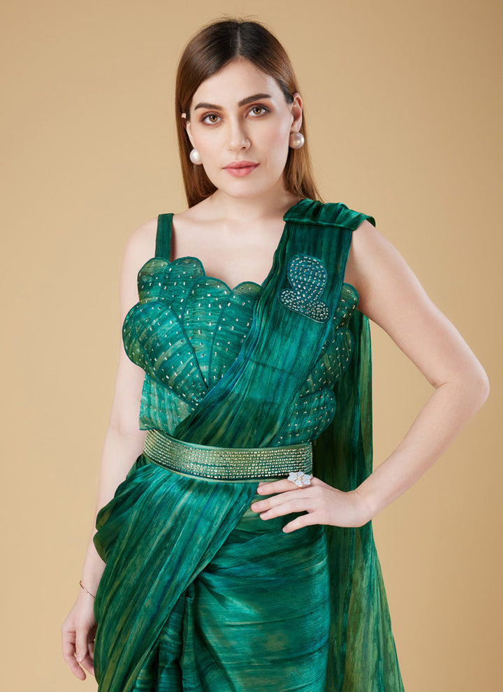 Dark Green Designer Organza Saree with Embroidered Blouse
