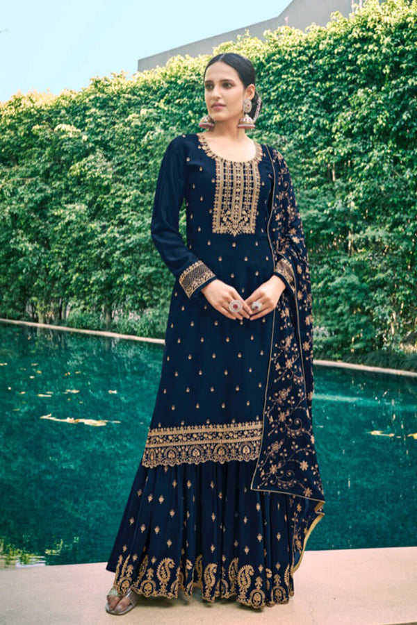 Designer Chinnon Silk embroidered Sharara Suit with Dupatta