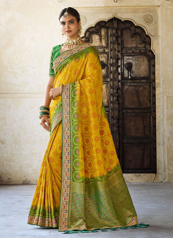 Beautiful Yellow And Green Shade Color Dola Silk Saree