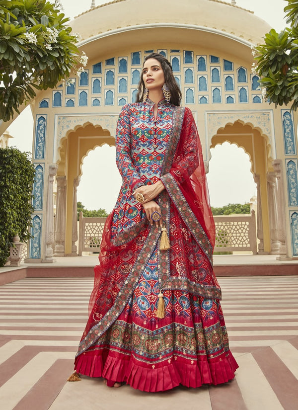 Lassya Fashion Crimson Red Elegant Dolla Jacquard Butti Gown with Bandhani Print