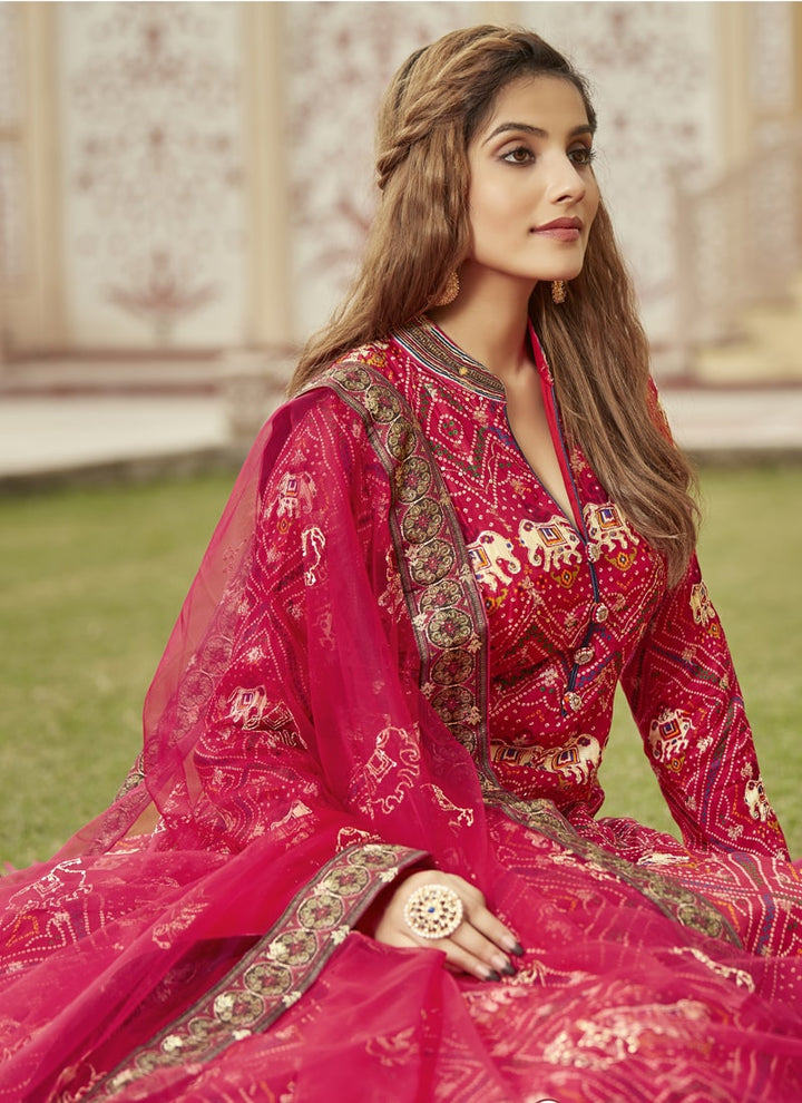 Lassya Fashion Ruby Red Elegant Dolla Jacquard Butti Gown with Bandhani Print