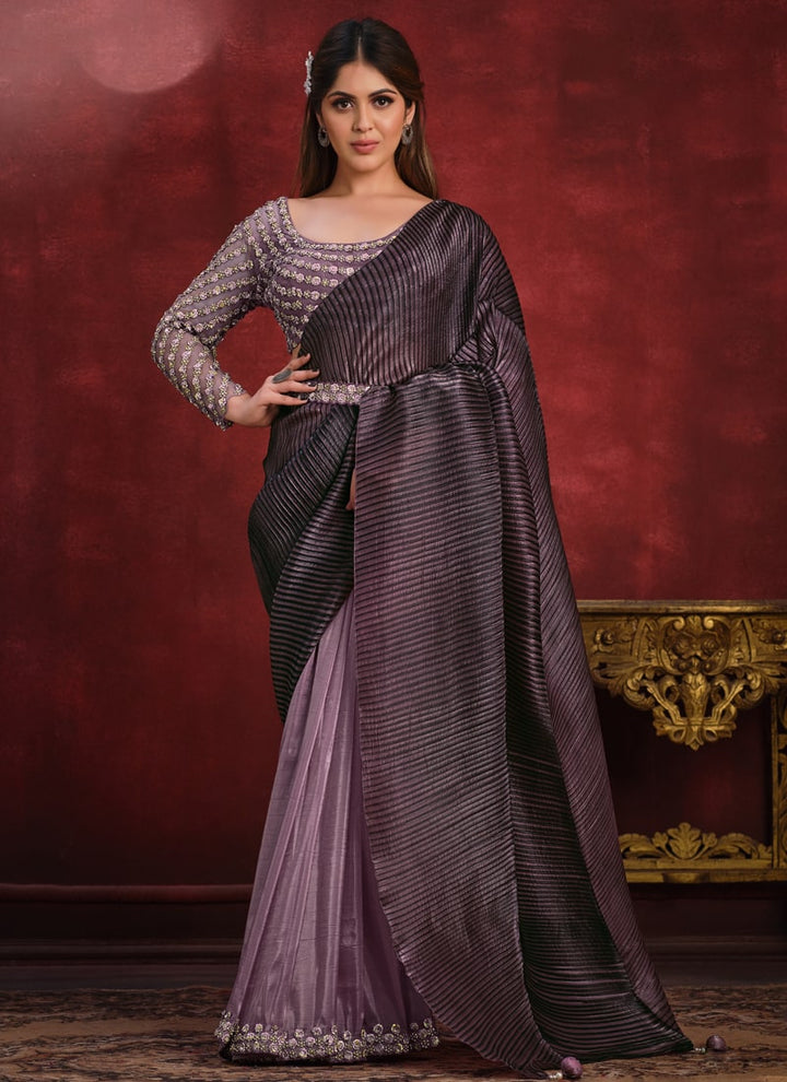 Lassya Fashion Lavender Net and Satin Silk Saree with Banarasi Silk Blouse