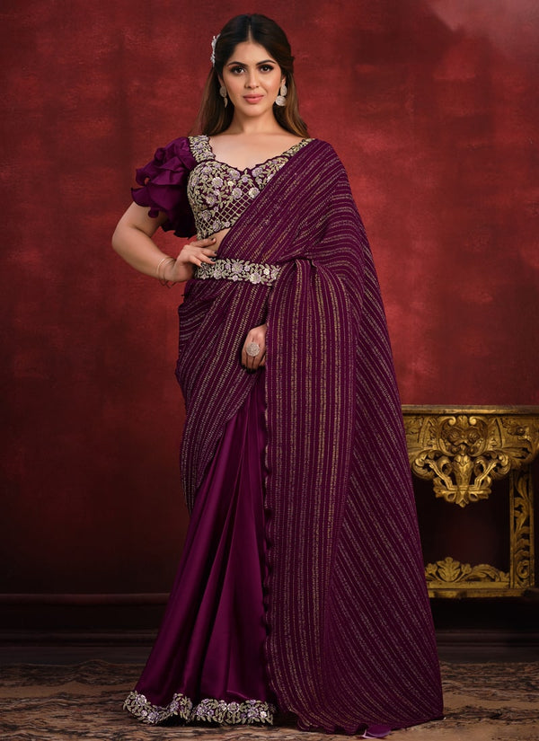 Lassya Fashion Purple Crape Satin Silk Saree with Matching Blouse