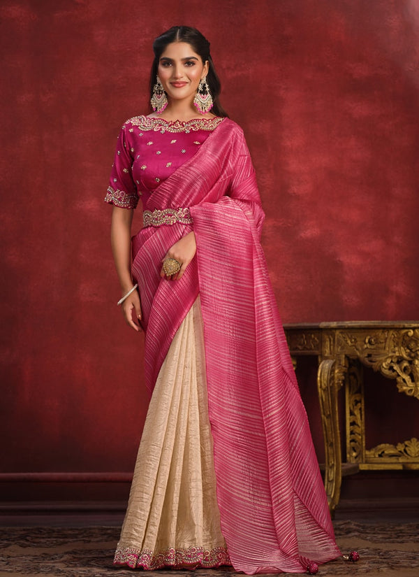 Lassya Fashion Rani Pink Banglori Silk Saree with Banarasi Silk Blouse