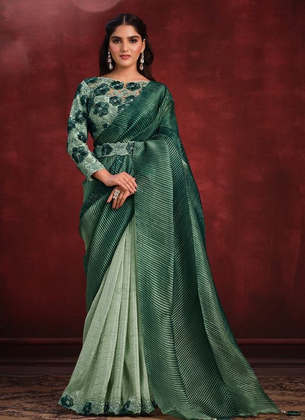 Lassya Fashion Bottle Green Net Crush Silk Saree with Banarasi Silk Blouse