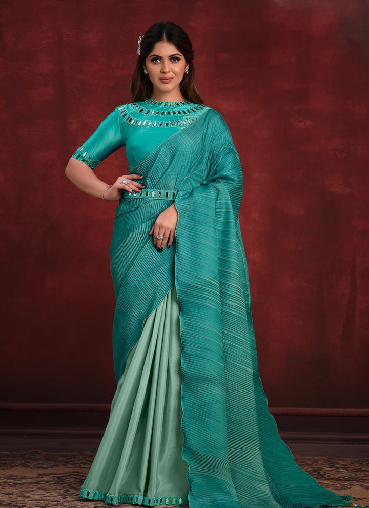 Lassya Fashion Turquoise Green Satin Saree with Mirror and Thread Work Crape Silk Georgette Blouse