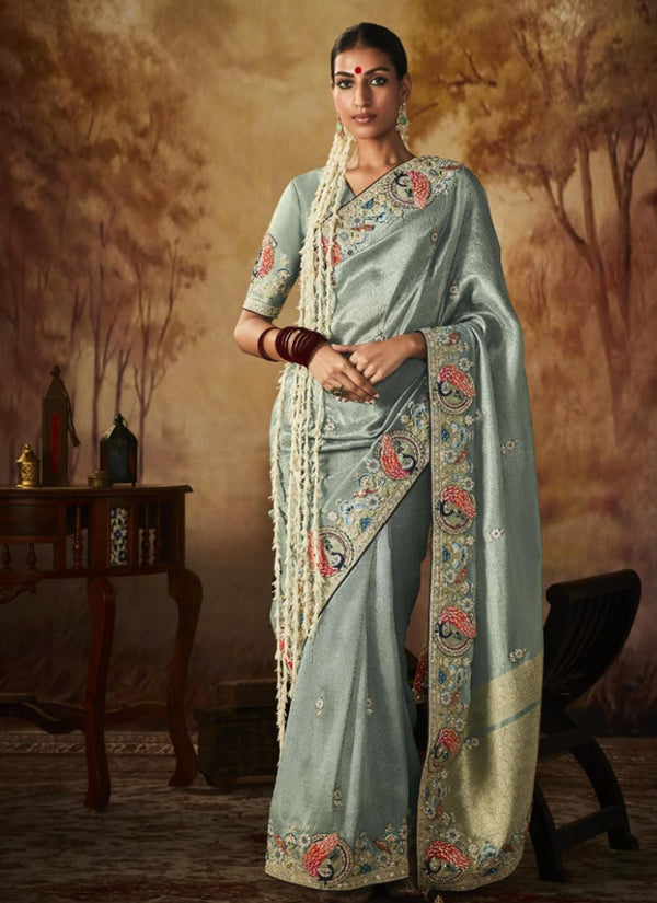 Lassya Fashion Turquoise Green Exquisite Banarasi Kanjivaram Saree with Intricate Work Details