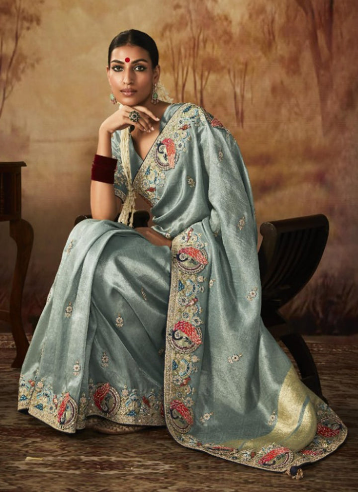 Lassya Fashion Turquoise Green Exquisite Banarasi Kanjivaram Saree with Intricate Work Details