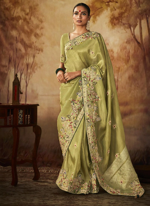 Lassya Fashion Fern Green Exquisite Banarasi Kanjivaram Saree with Intricate Work Details