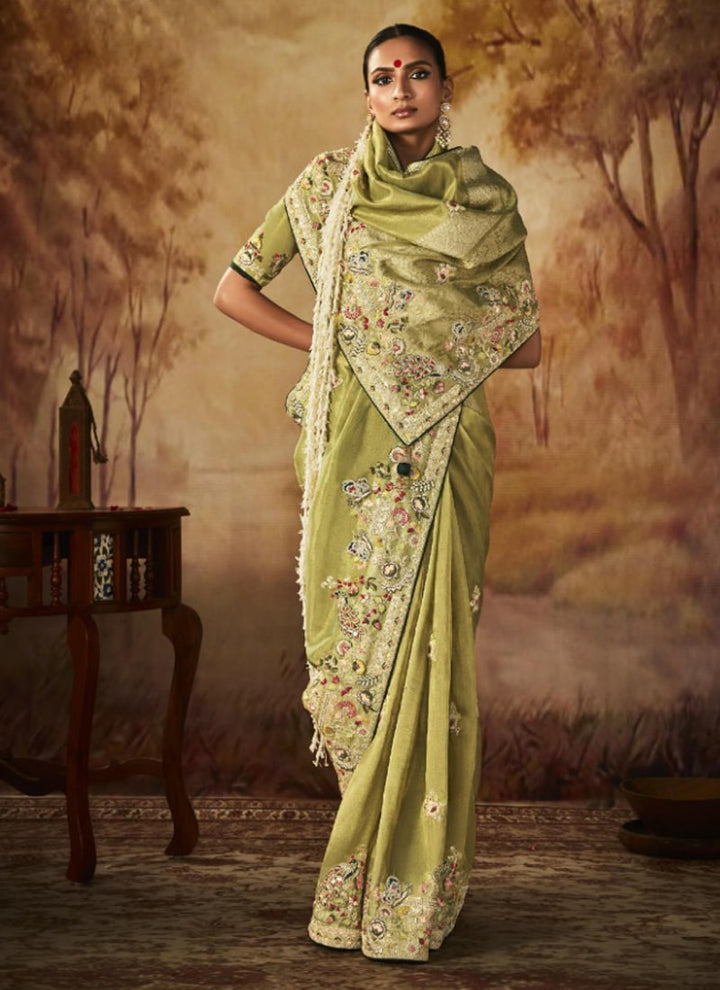 Lassya Fashion Fern Green Exquisite Banarasi Kanjivaram Saree with Intricate Work Details