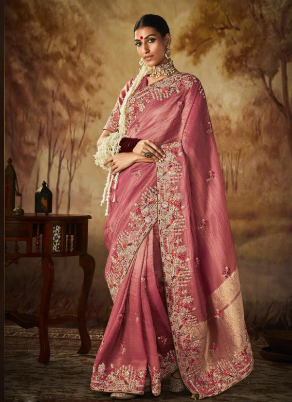 Lassya Fashion Rouge Pink Exquisite Banarasi Kanjivaram Saree with Intricate Work Details