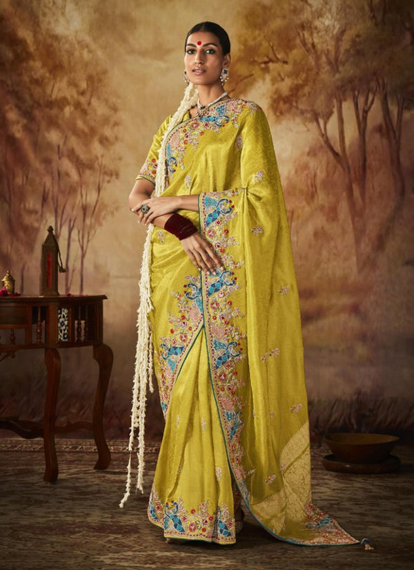 Lassya Fashion Mehandi yellow Exquisite Banarasi Kanjivaram Saree with Intricate Work Details