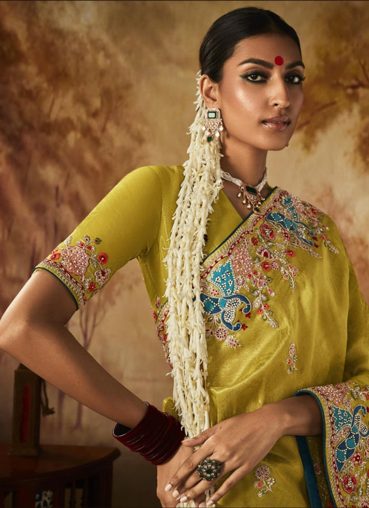 Lassya Fashion Mehandi yellow Exquisite Banarasi Kanjivaram Saree with Intricate Work Details