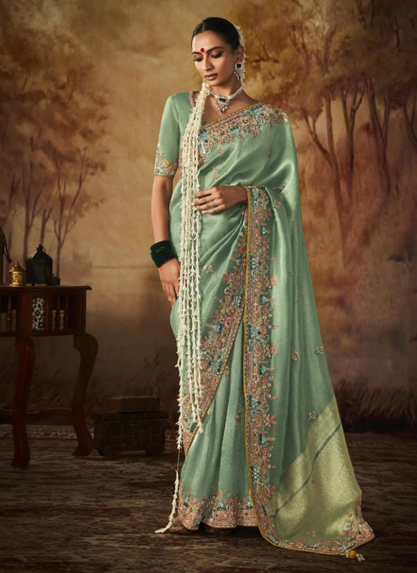 Lassya Fashion Celadon Green Exquisite Banarasi Kanjivaram Saree with Intricate Work Details
