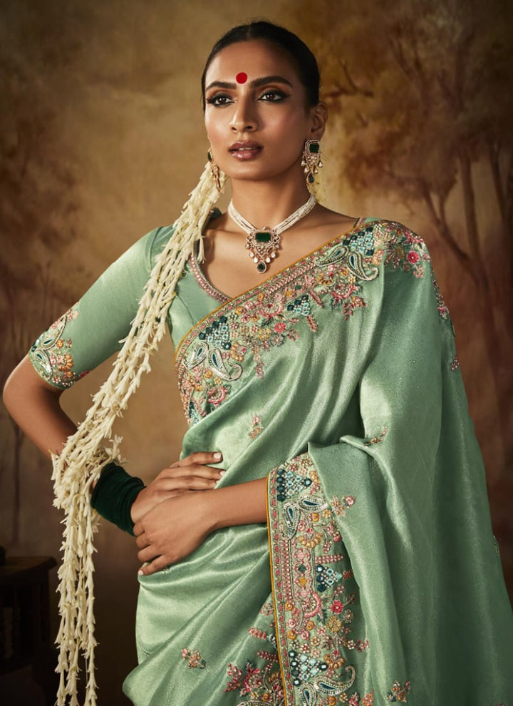 Lassya Fashion Celadon Green Exquisite Banarasi Kanjivaram Saree with Intricate Work Details