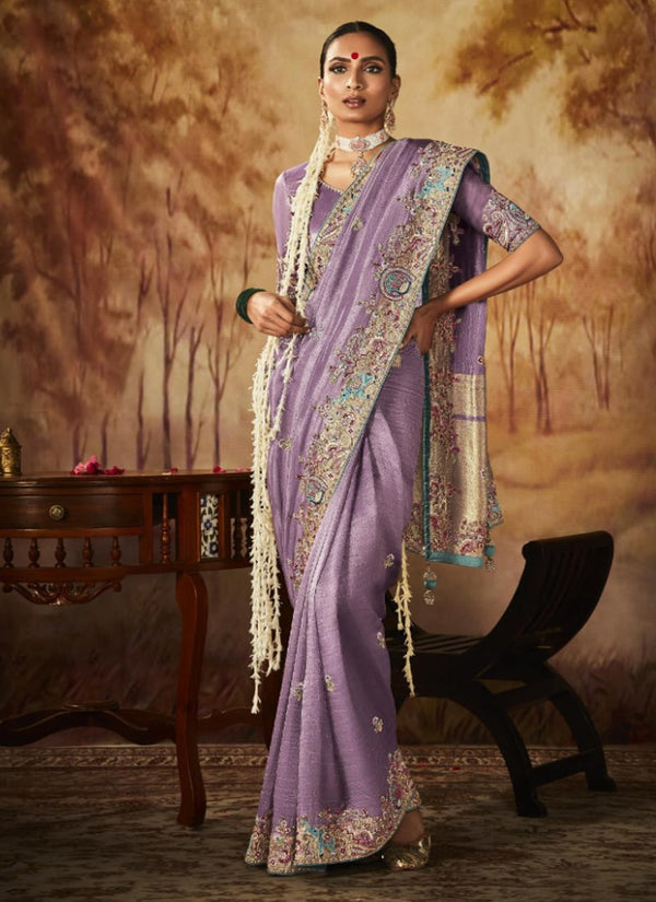 Lassya Fashion Lavender Exquisite Banarasi Kanjivaram Saree with Intricate Work Details