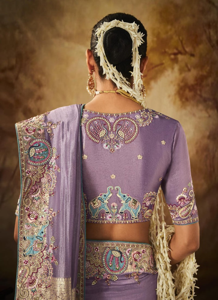 Lassya Fashion Lavender Exquisite Banarasi Kanjivaram Saree with Intricate Work Details